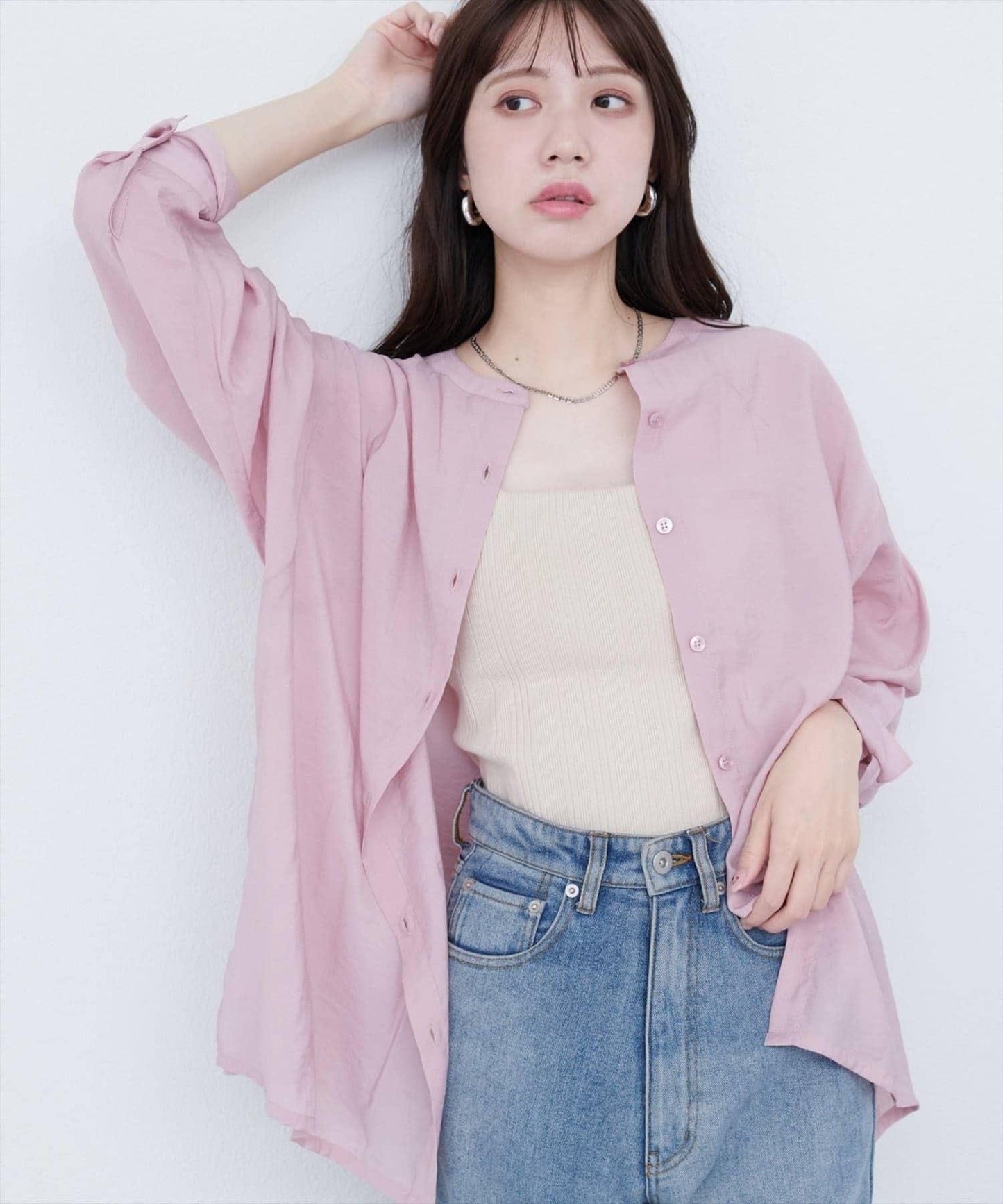 【natural couture】立領側開衩透視襯衫