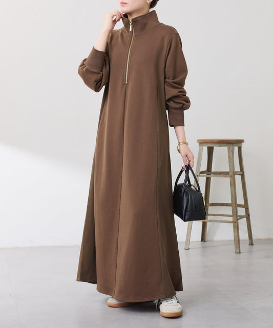 異材質拼接半拉鍊連衣裙