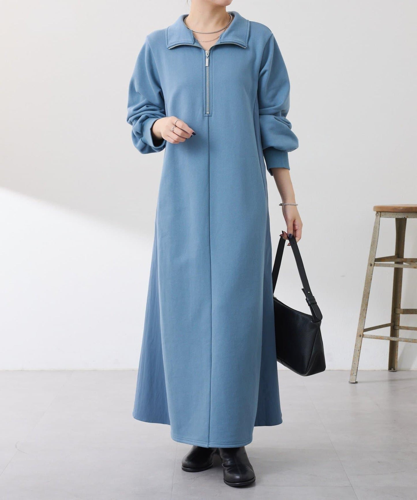 異材質拼接半拉鍊連衣裙