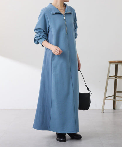 異材質拼接半拉鍊連衣裙