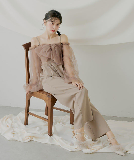 前綁帶拼接連體褲【SALON by Chico】