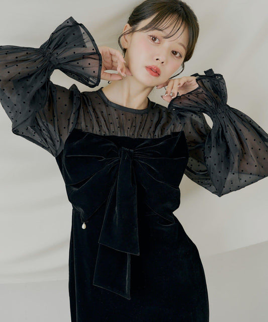 配色透視蝴蝶結天鵝絨連衣裙【SALON by Chico】