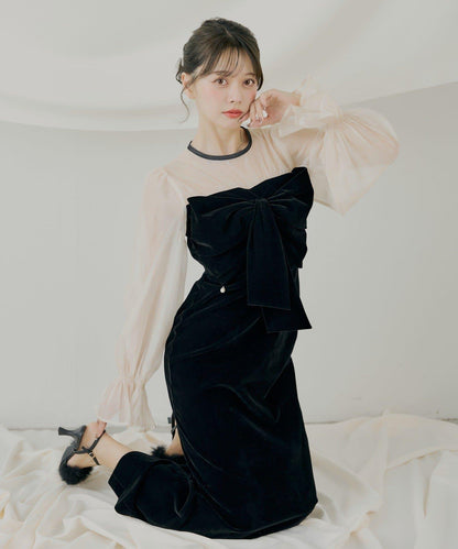 配色透視蝴蝶結天鵝絨連衣裙【SALON by Chico】