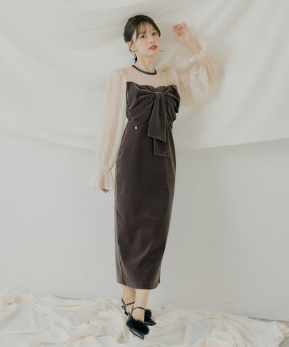 配色透視蝴蝶結天鵝絨連衣裙【SALON by Chico】