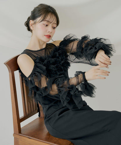 荷葉邊設計修身長款連衣裙【SALON by Chico】