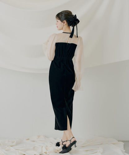 配色透視蝴蝶結天鵝絨連衣裙【SALON by Chico】