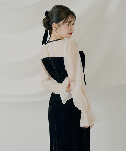 配色透視蝴蝶結天鵝絨連衣裙【SALON by Chico】