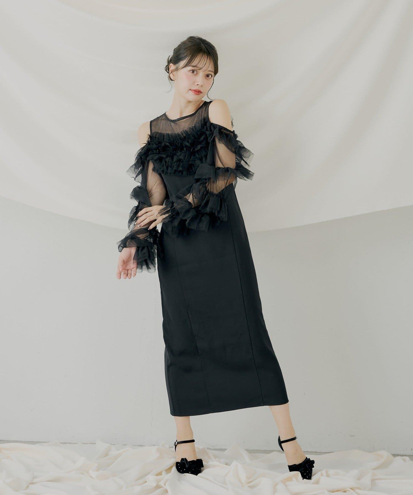 荷葉邊設計修身長款連衣裙【SALON by Chico】