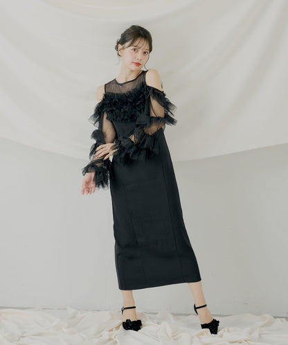 荷葉邊設計修身長款連衣裙【SALON by Chico】