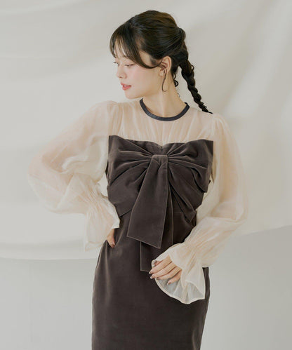 配色透視蝴蝶結天鵝絨連衣裙【SALON by Chico】