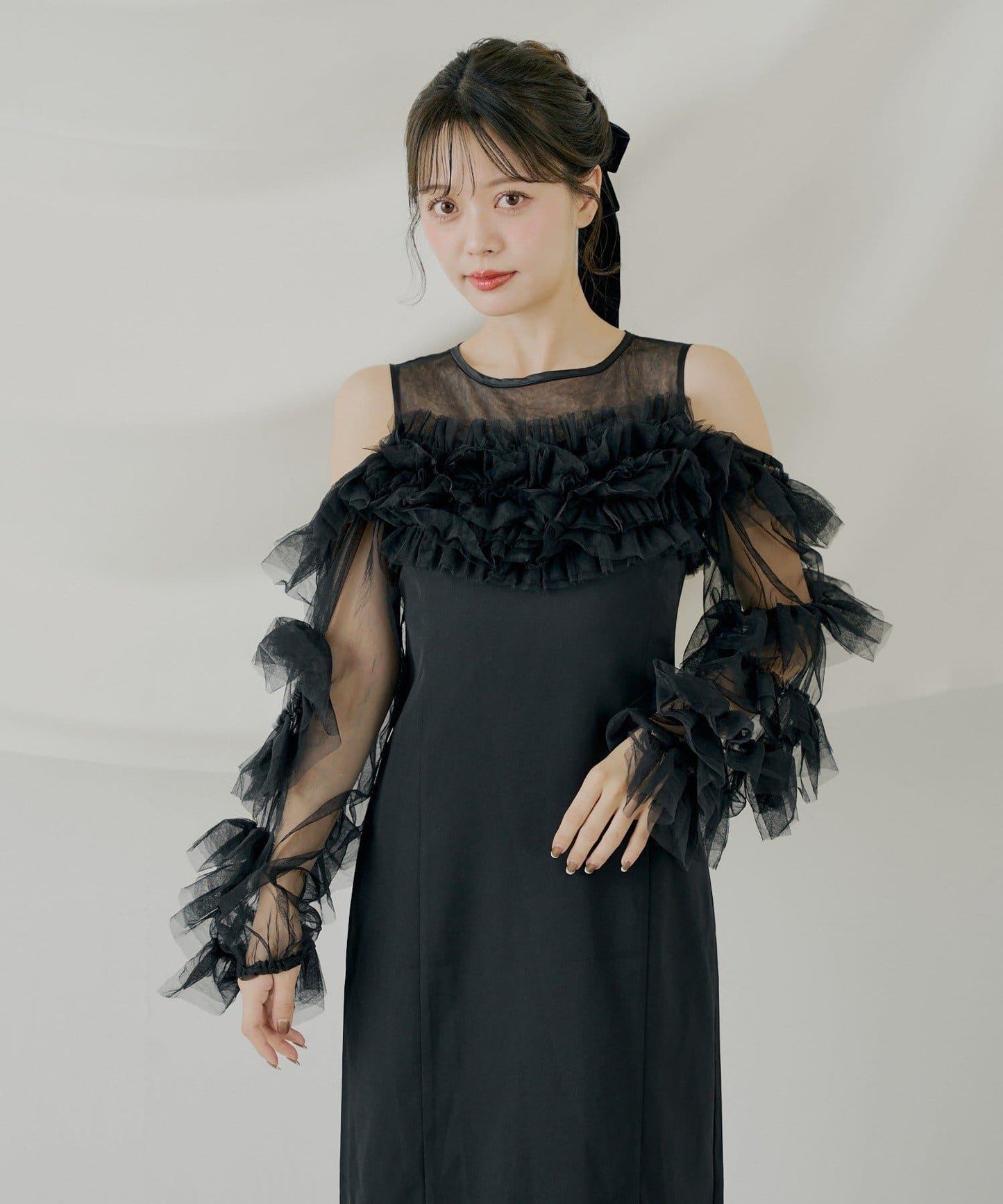 荷葉邊設計修身長款連衣裙【SALON by Chico】