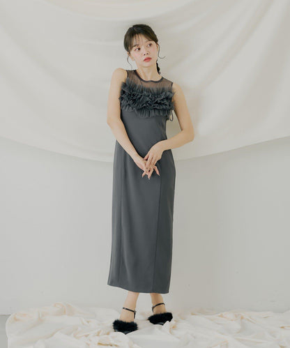 荷葉邊設計修身長款連衣裙【SALON by Chico】