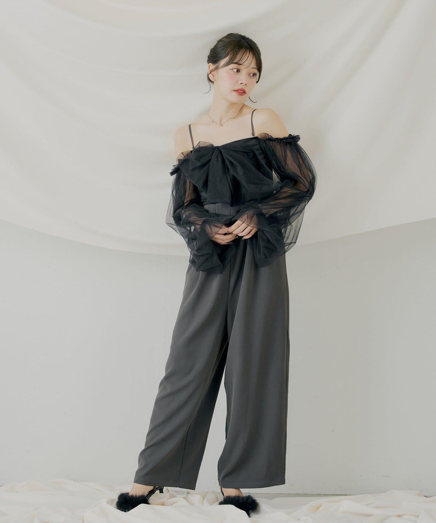 前綁帶拼接連體褲【SALON by Chico】