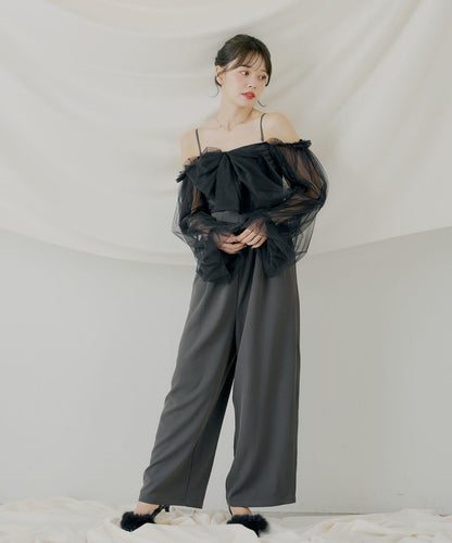 前綁帶拼接連體褲【SALON by Chico】