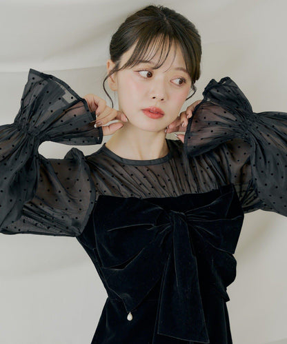 配色透視蝴蝶結天鵝絨連衣裙【SALON by Chico】