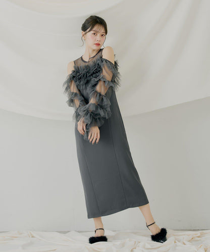 荷葉邊設計修身長款連衣裙【SALON by Chico】