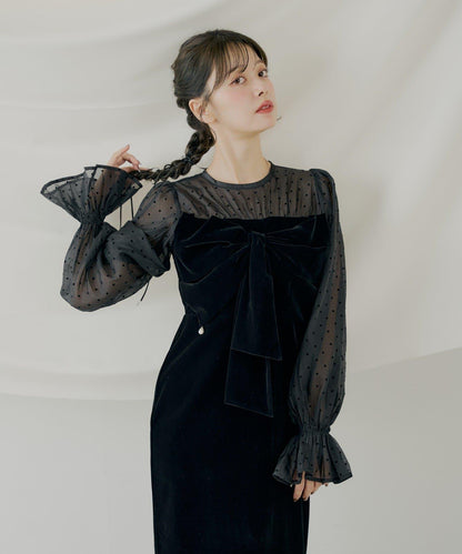 配色透視蝴蝶結天鵝絨連衣裙【SALON by Chico】