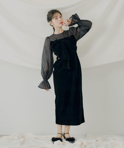 配色透視蝴蝶結天鵝絨連衣裙【SALON by Chico】