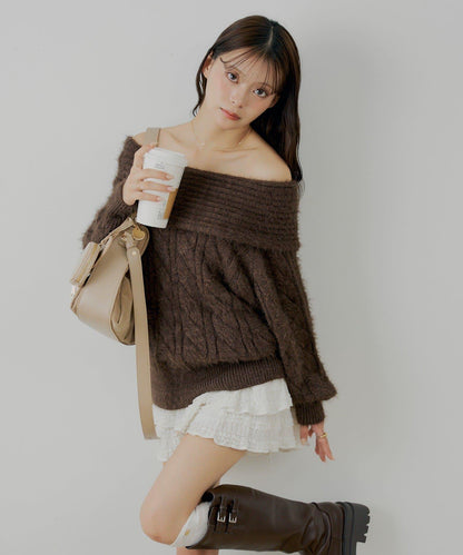 羅紋設計一字肩寬鬆針織衫