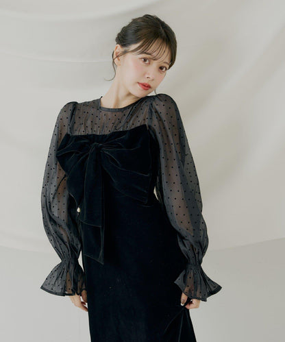 配色透視蝴蝶結天鵝絨連衣裙【SALON by Chico】