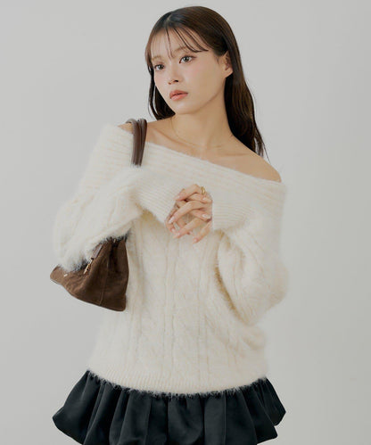 羅紋設計一字肩寬鬆針織衫