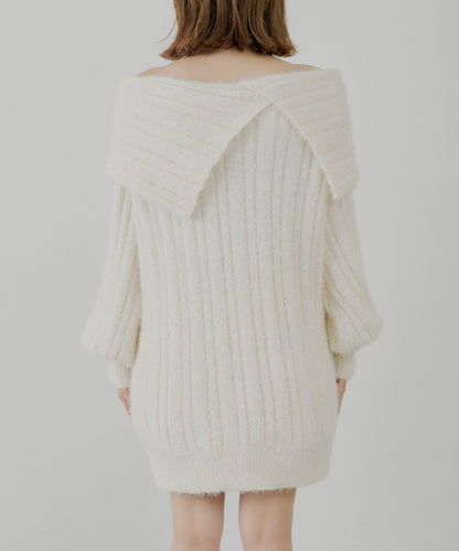 毛絨一字肩迷你連衣裙