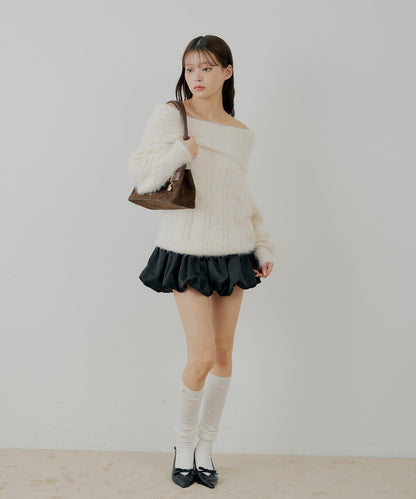 羅紋設計一字肩寬鬆針織衫