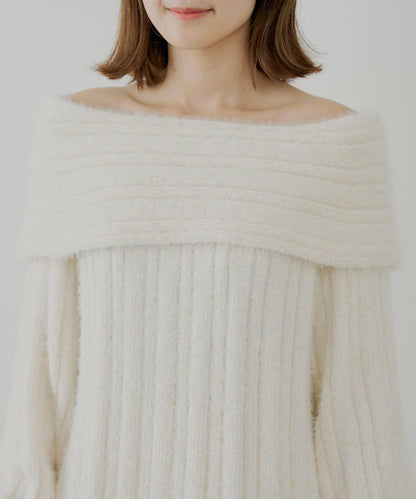 毛絨一字肩迷你連衣裙