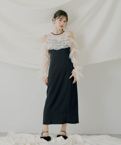 荷葉邊設計修身長款連衣裙【SALON by Chico】