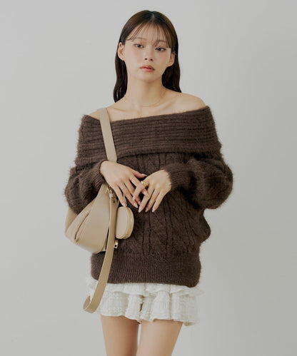 羅紋設計一字肩寬鬆針織衫