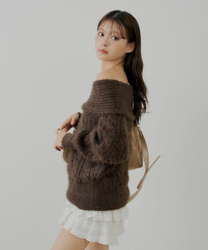 羅紋設計一字肩寬鬆針織衫
