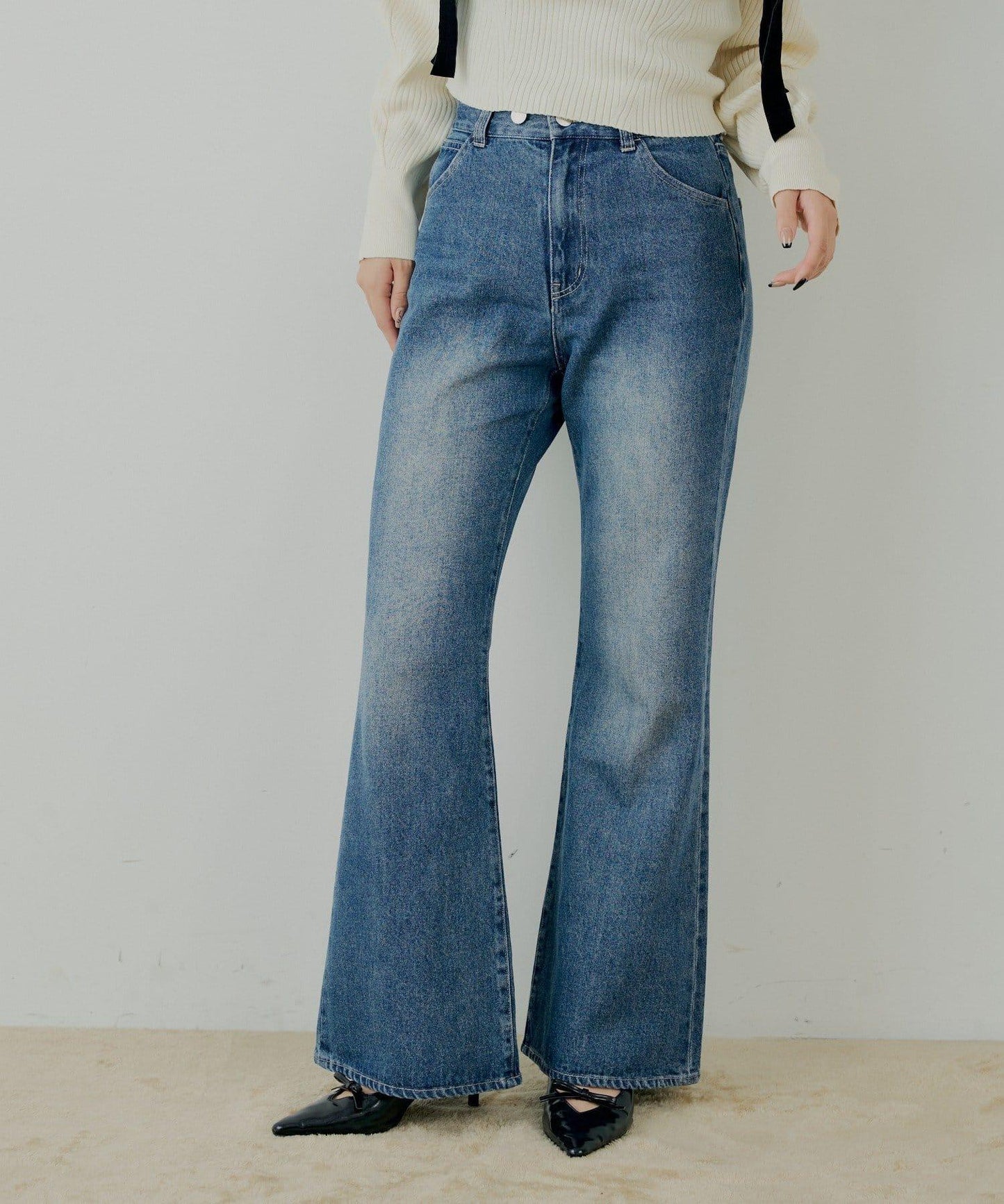 拼接補丁喇叭牛仔褲