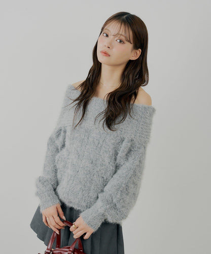 羅紋設計一字肩寬鬆針織衫