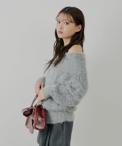 羅紋設計一字肩寬鬆針織衫