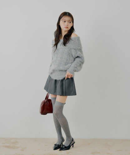 羅紋設計一字肩寬鬆針織衫