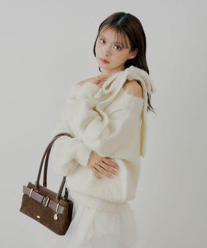 肩帶蝴蝶結露肩開衩一字領針織衫