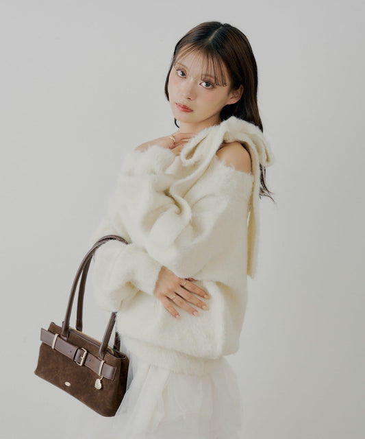 肩帶蝴蝶結露肩開衩一字領針織衫