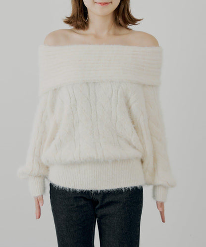 羅紋設計一字肩寬鬆針織衫