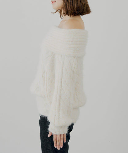 羅紋設計一字肩寬鬆針織衫