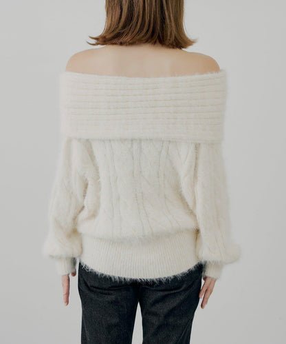 羅紋設計一字肩寬鬆針織衫