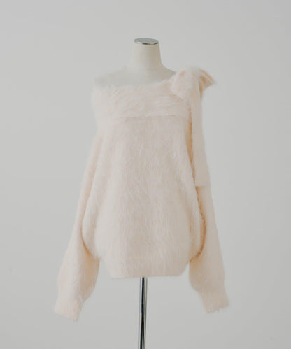 肩帶蝴蝶結露肩開衩一字領針織衫