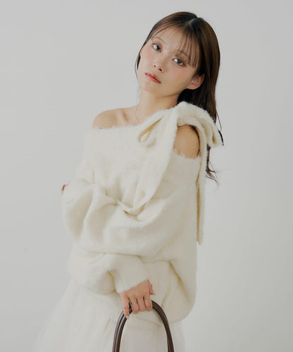 肩帶蝴蝶結露肩開衩一字領針織衫