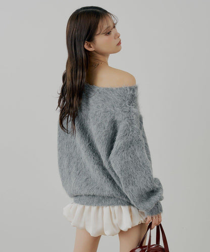 肩帶蝴蝶結露肩開衩一字領針織衫