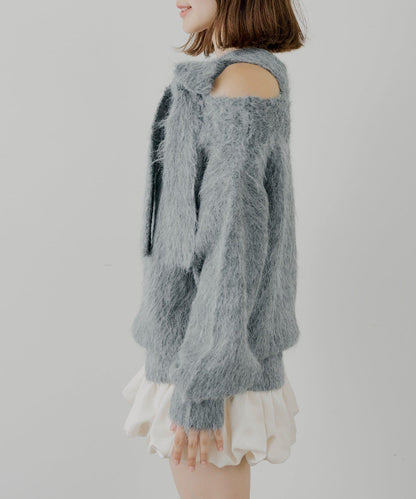 肩帶蝴蝶結露肩開衩一字領針織衫