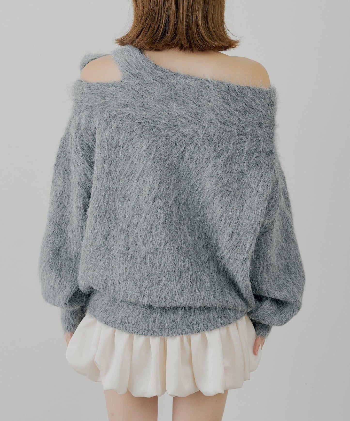 肩帶蝴蝶結露肩開衩一字領針織衫