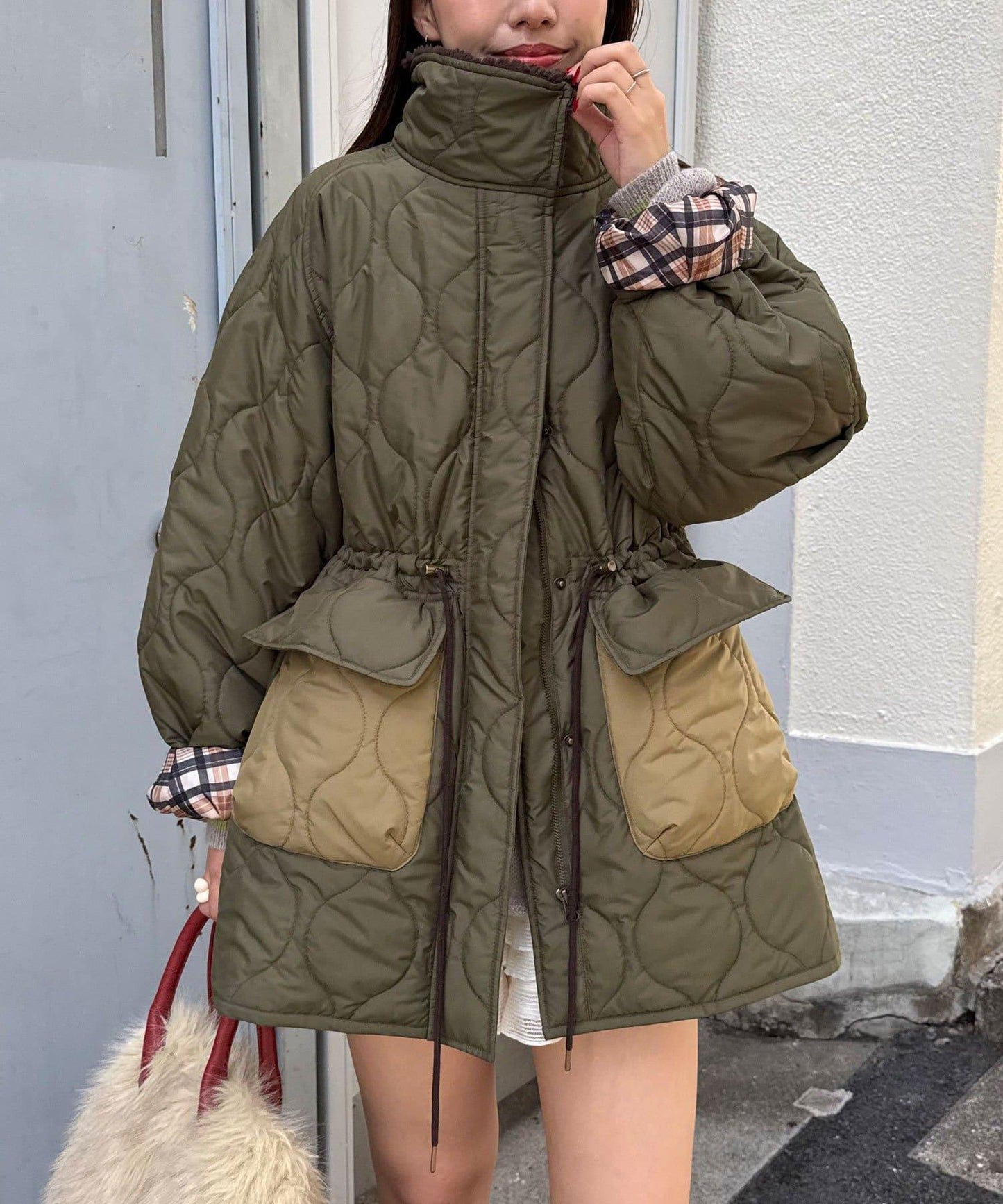 拼接羊羔絨拼色夾棉中長款外套