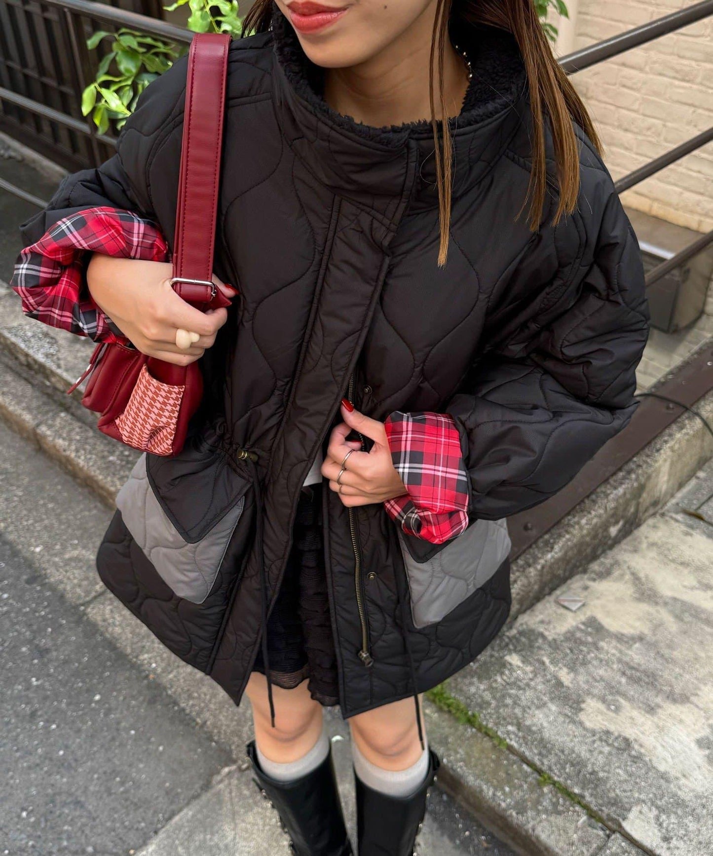 拼接羊羔絨拼色夾棉中長款外套