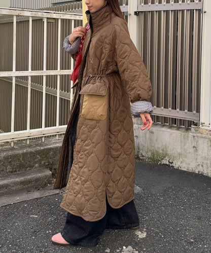 拼色翻領羊羔絨長款夾棉外套