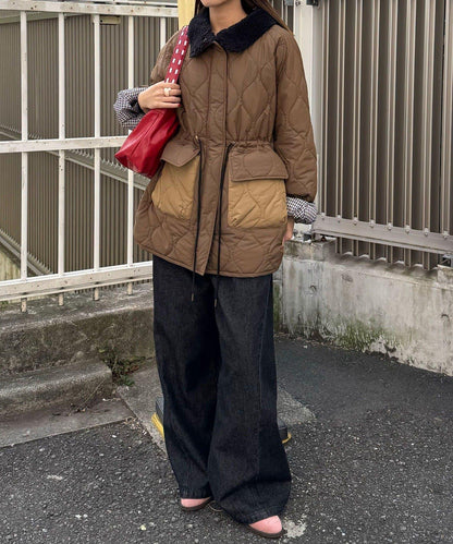 拼接羊羔絨拼色夾棉中長款外套