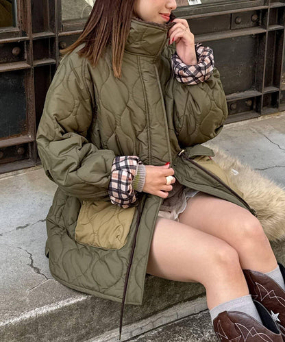 拼接羊羔絨拼色夾棉中長款外套